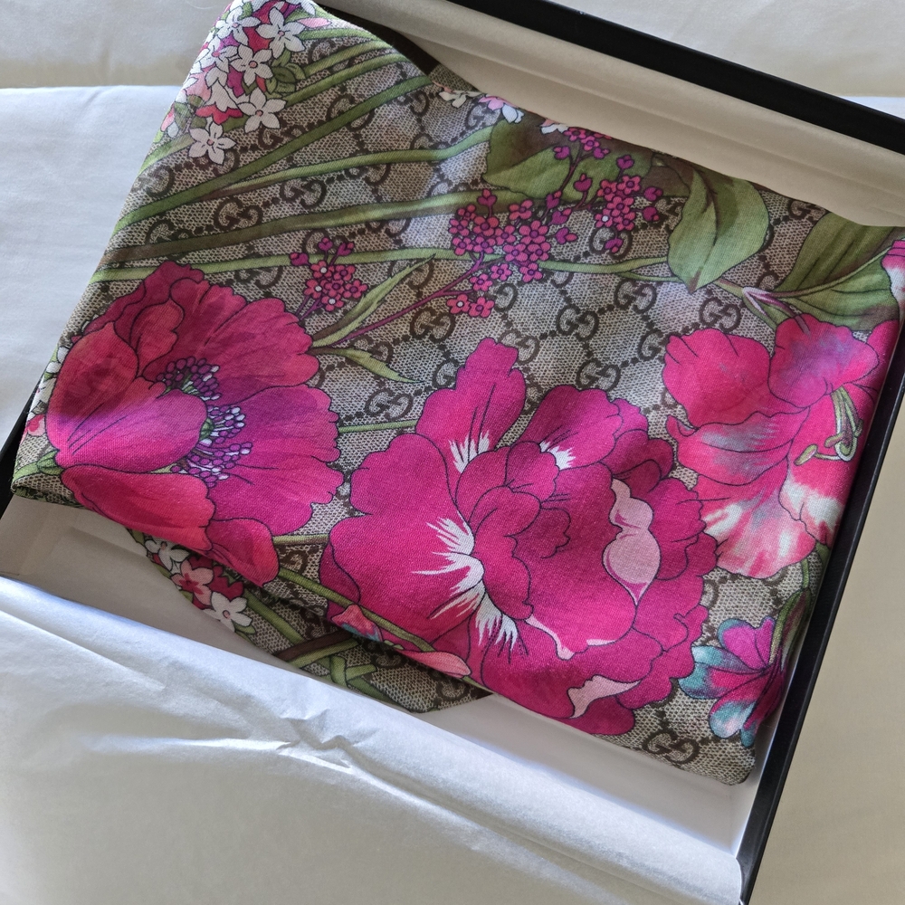 Gucci Pink and Brown Floral Scarf